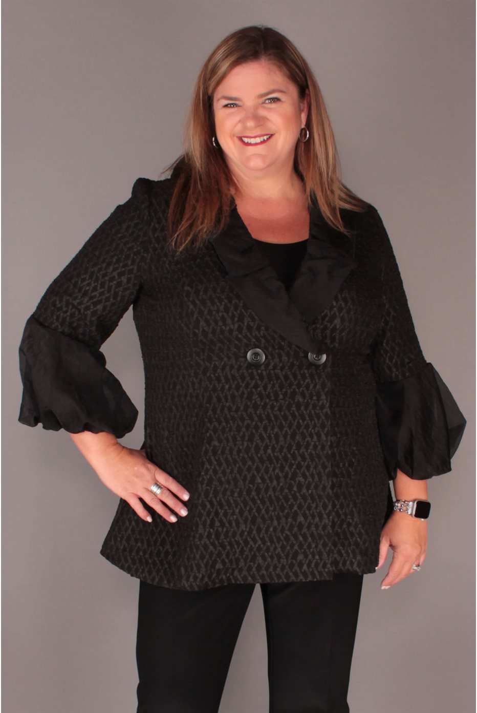 Black Jacquard Flare Jacket with Organza Puff Sleeves